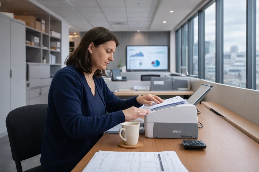 Сотрудник обрабатывает счета в офисе, сканируя их для учета.