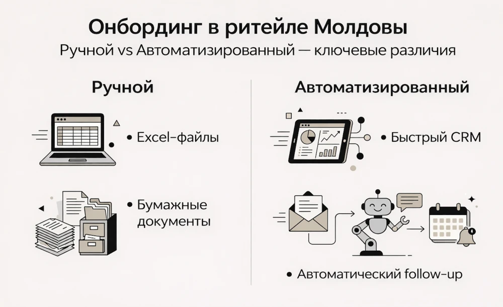 Инфографика: сравнение процесса ручного и автоматического онбординга в ритейле